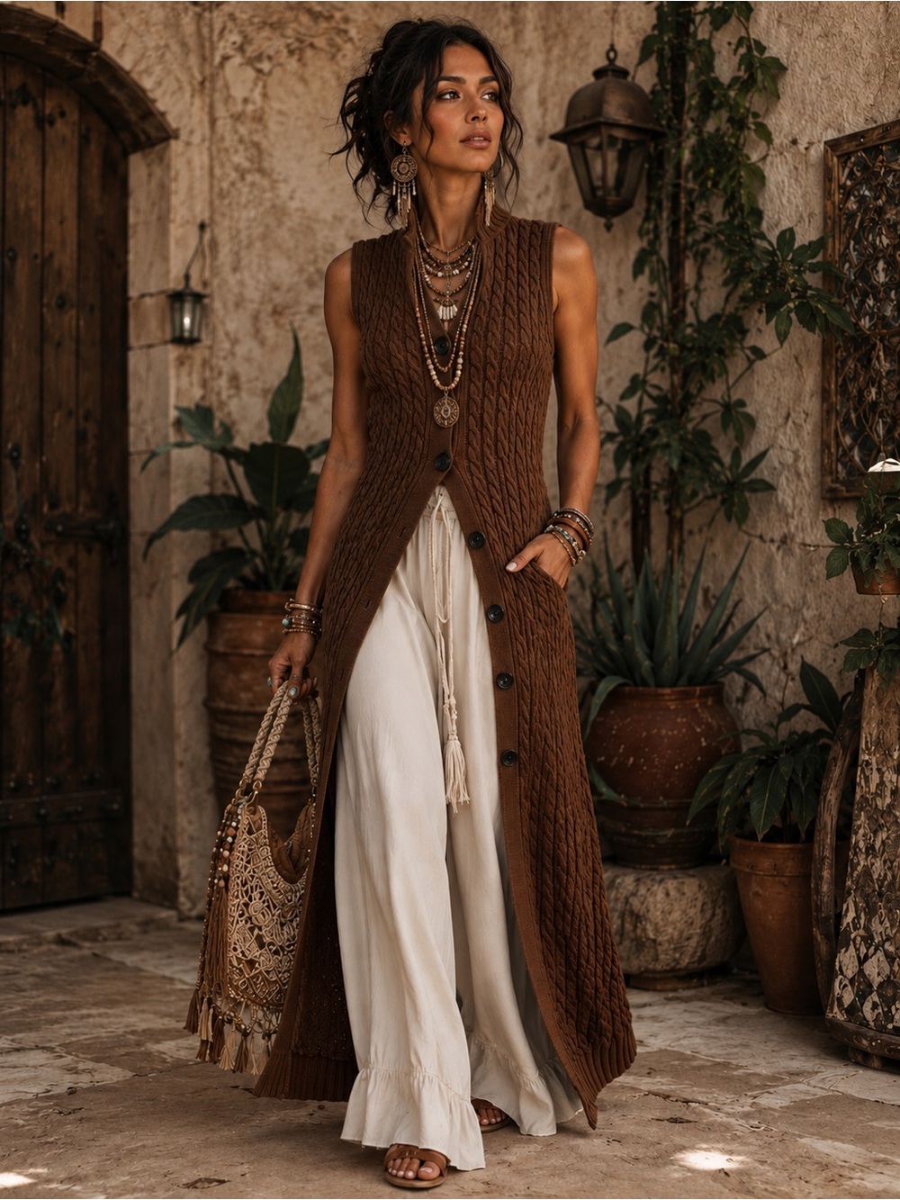 Brown Cable Knit Button-Front Maxi Vest Dress by